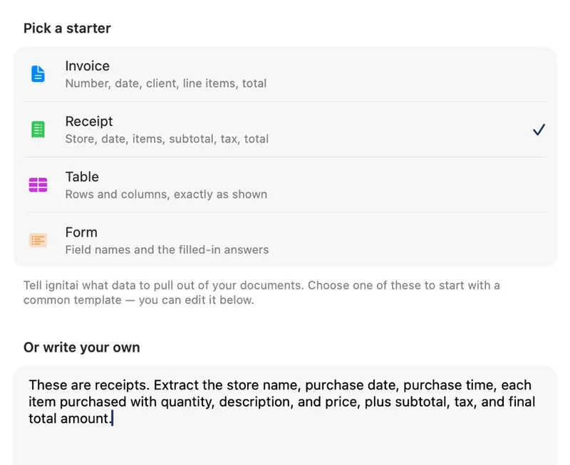 ignitai for Mac, What to Extract step: starters for Invoice, Receipt (selected), Table and Form, and a plain-English instruction asking for each receipt's store name, date, items, subtotal, tax and total.